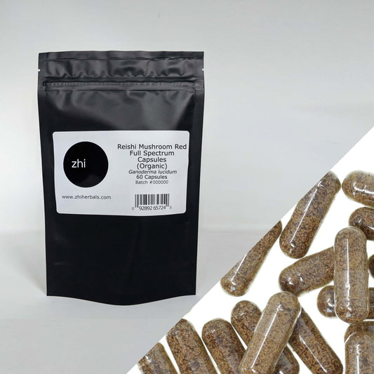 Zhi Herbals Organic Reishi Mushroom Capsules, black package with label, next to a close-up of glossy brown capsules.