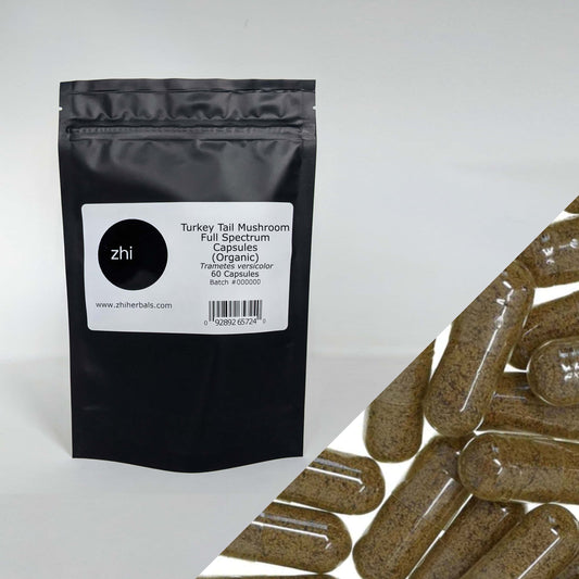 Zhi Herbals Organic Turkey Tail Mushroom Capsules, black package with label, next to a close-up of the brown capsules.
