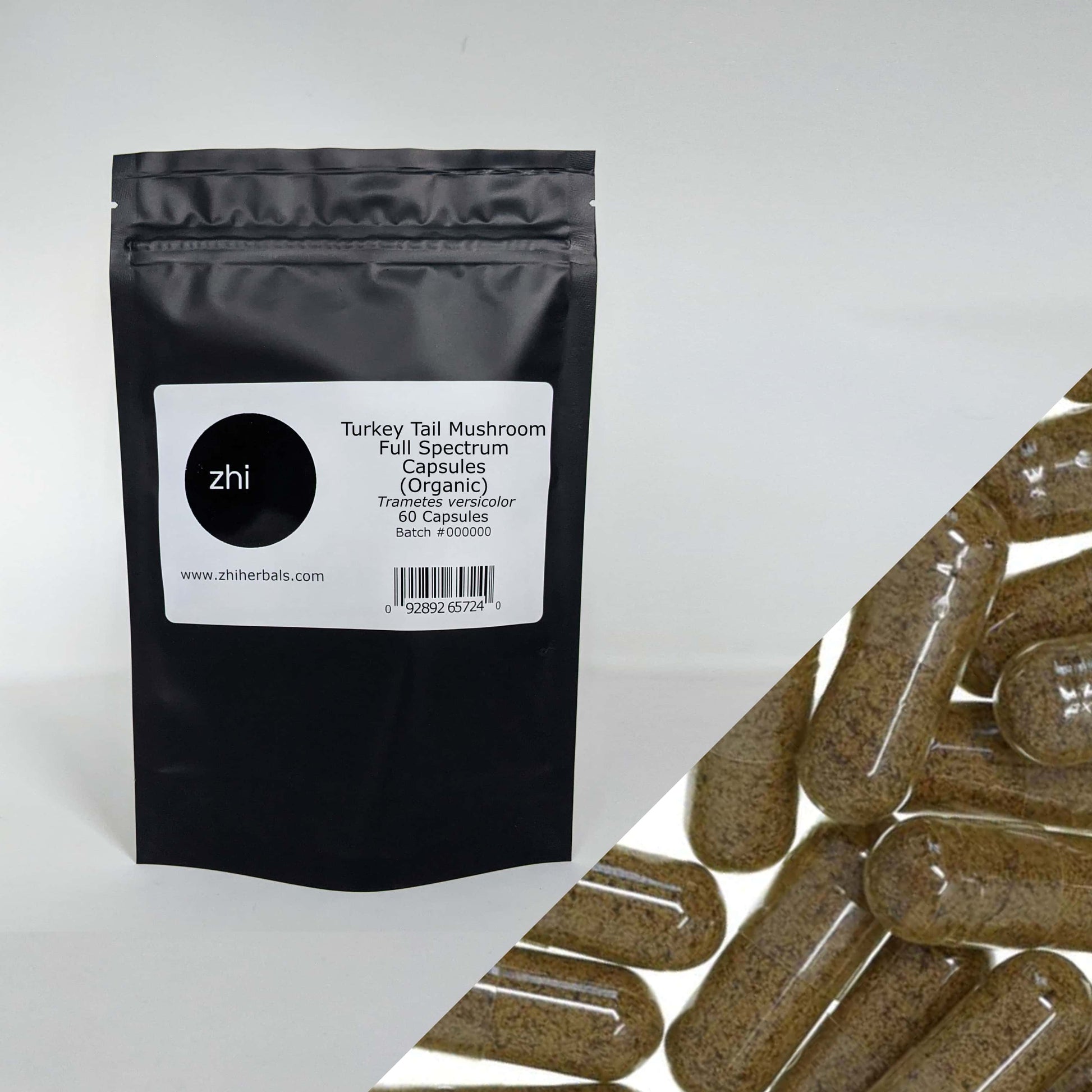 Zhi Herbals Organic Turkey Tail Mushroom Capsules, black package with label, next to a close-up of the brown capsules.