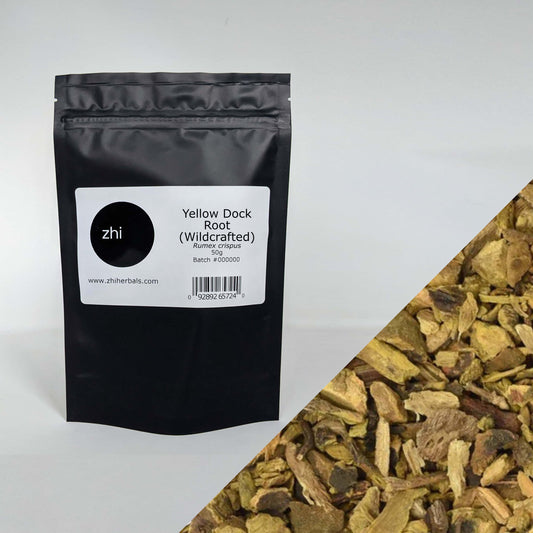 Zhi Herbals Wildcrafted Yellow Dock Root, 50g black package with label, next to a close-up of the brown root texture.