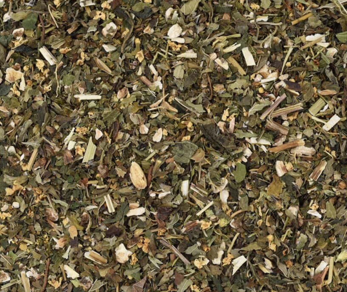 Close-up of dried Allergy Relief Tea, showing chopped leaves and root pieces used for teas and herbal remedies.